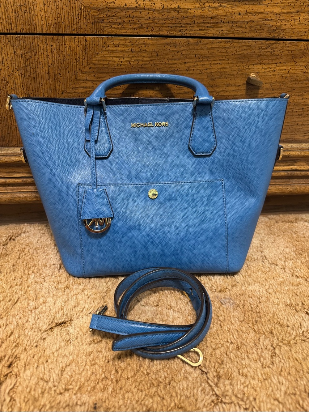 Michael Kors Greenwich Blue Saffiano Leather Large Satchel  with Gold Hardware